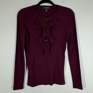 Lauren Ralph Lauren Women’s Ruffle Neck Long Sleeve Top Henley Blouse Medium